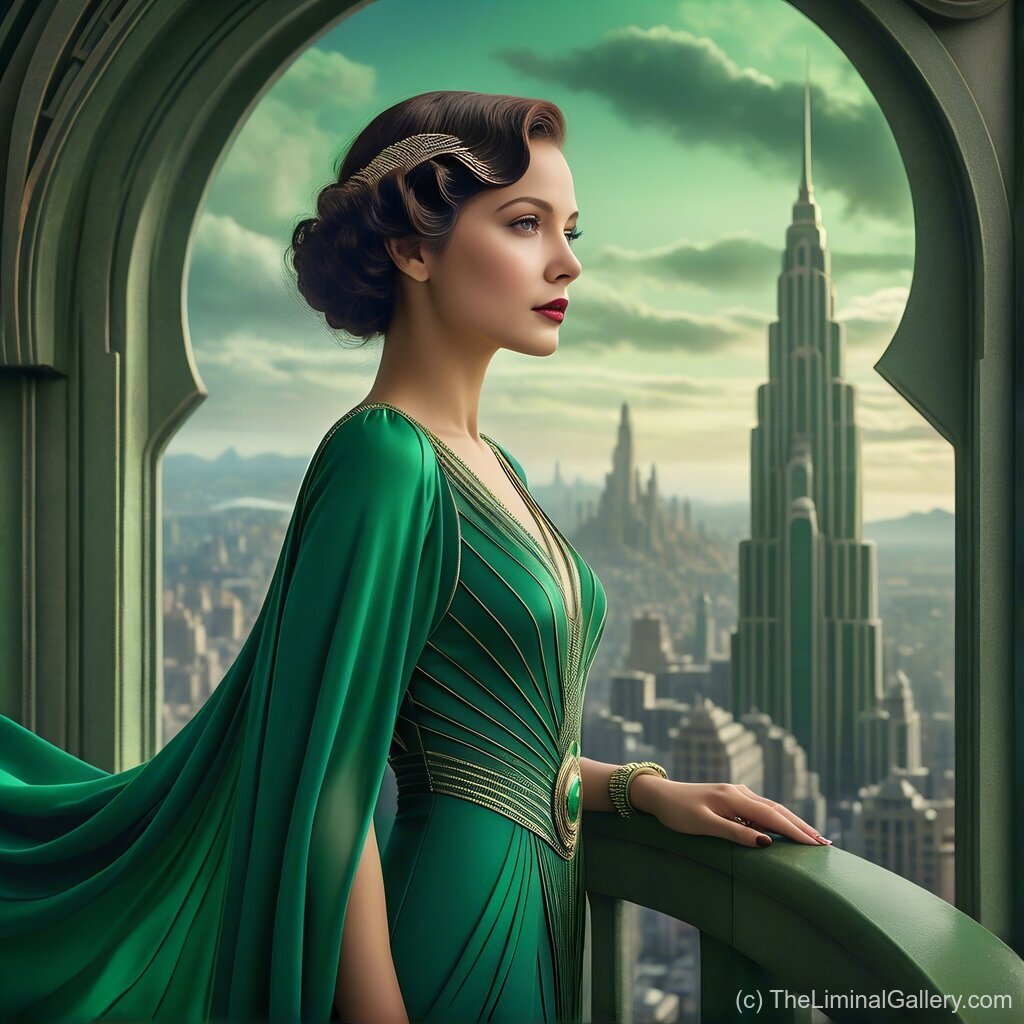 A regal art deco composition in vibrant emerald hues, radiating opulence, power, and timeless design.